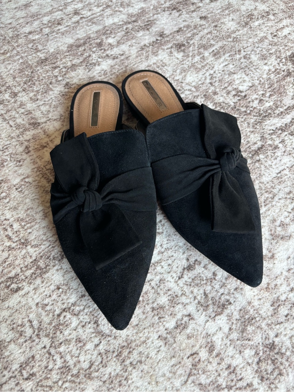 Tahari Black Pointed Knot Mule Loafers